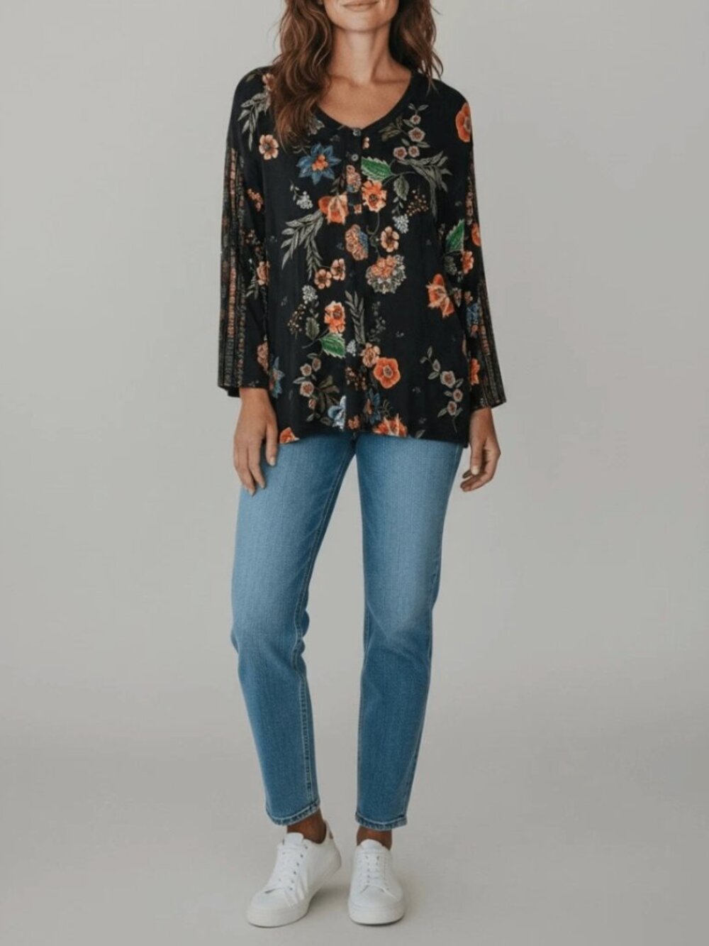 NWT Johnny Was Ardell Henley Black Floral Shirt Womens Medium Long Sleeve Boho
